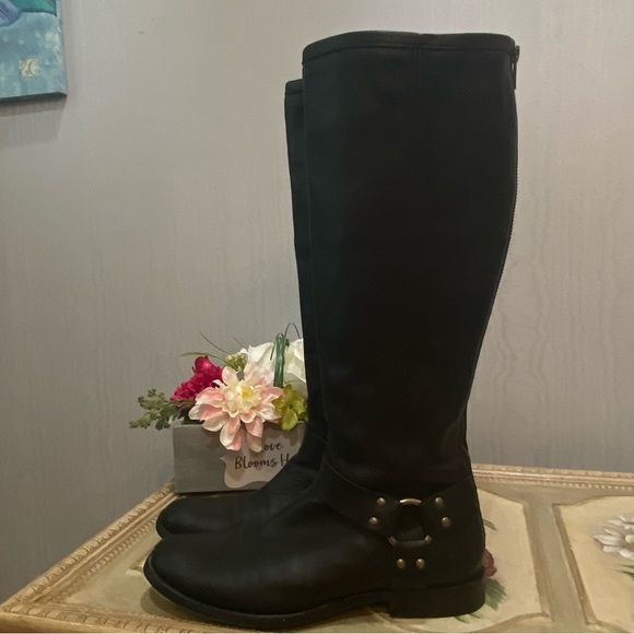 Frye Phillip Tall Black Leather Boots Back Zip Moto Equestrian Harness Sz 9.5 - Picture 5 of 16